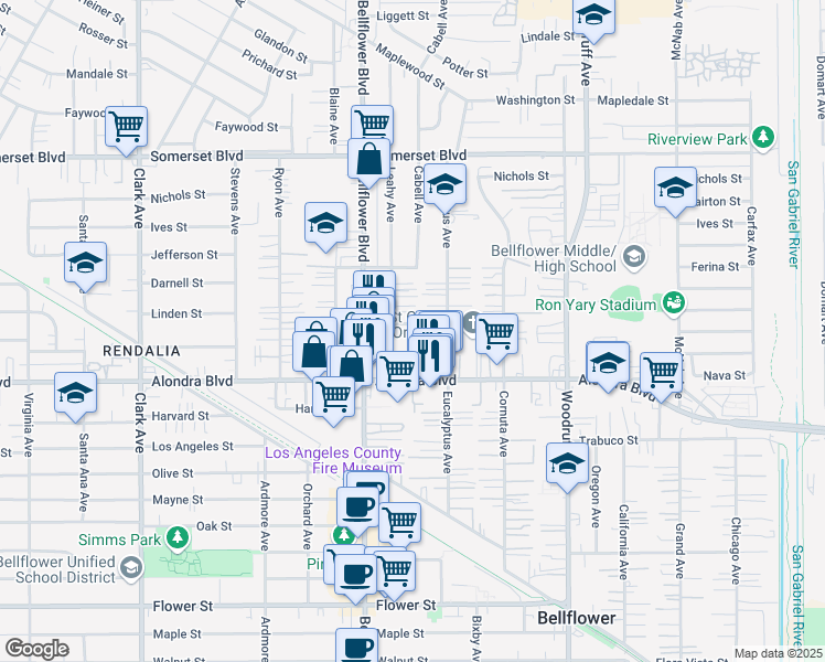 map of restaurants, bars, coffee shops, grocery stores, and more near 9852 Linden Street in Bellflower