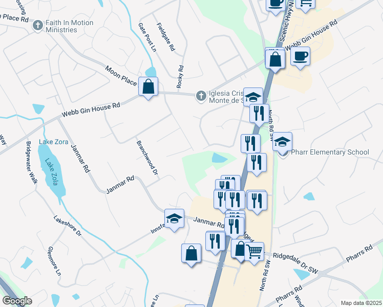 map of restaurants, bars, coffee shops, grocery stores, and more near 1800 Coachman Cove Southwest in Snellville