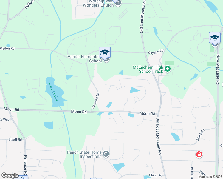 map of restaurants, bars, coffee shops, grocery stores, and more near 2605 Konawa Court in Powder Springs