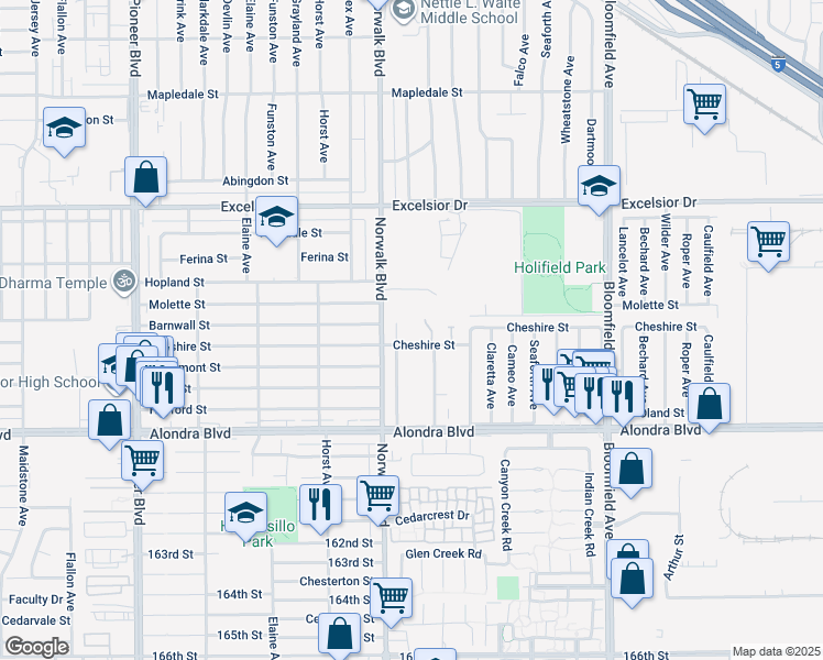 map of restaurants, bars, coffee shops, grocery stores, and more near 12247 Cheshire Street in Norwalk