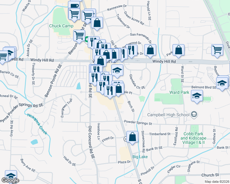map of restaurants, bars, coffee shops, grocery stores, and more near Glendale Place in Smyrna
