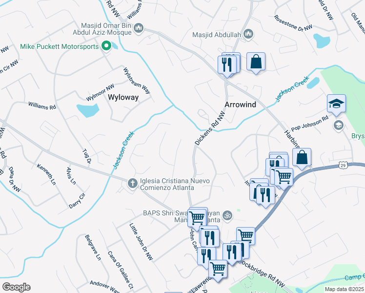map of restaurants, bars, coffee shops, grocery stores, and more near 668 Southwind Drive Northwest in Lilburn