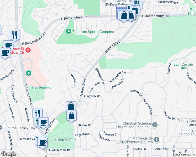 map of restaurants, bars, coffee shops, grocery stores, and more near 1908 Brentwood Drive in Fullerton