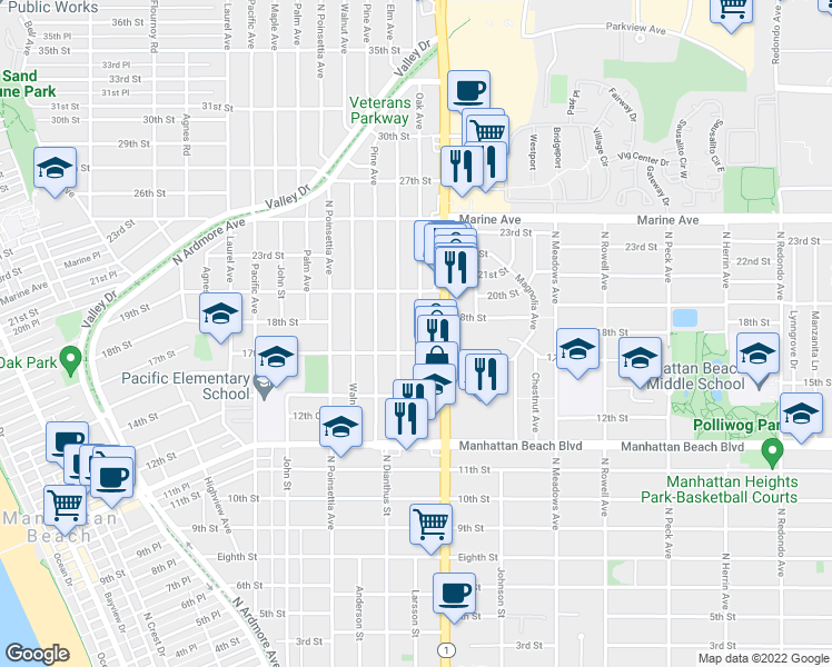 map of restaurants, bars, coffee shops, grocery stores, and more near 1721 Oak Avenue in Manhattan Beach