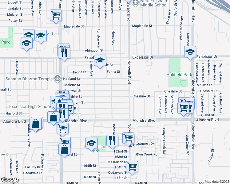 map of restaurants, bars, coffee shops, grocery stores, and more near 12110 Barnwall Street in Norwalk