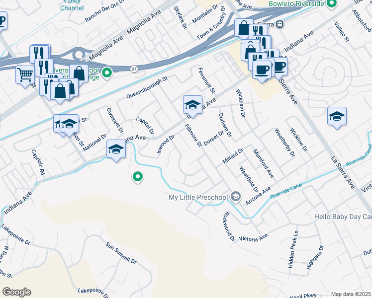 map of restaurants, bars, coffee shops, grocery stores, and more near 3330 Fanwood Court in Riverside