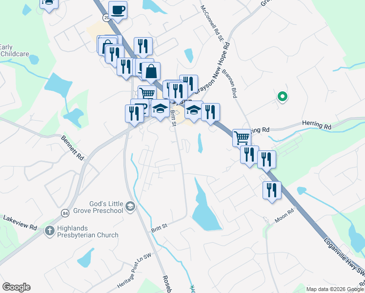 map of restaurants, bars, coffee shops, grocery stores, and more near 2198 Britt Street in Grayson