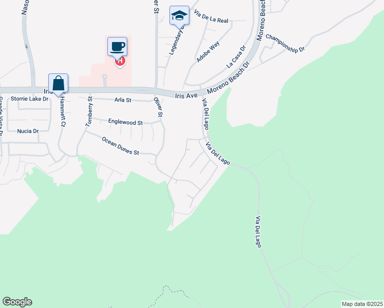 map of restaurants, bars, coffee shops, grocery stores, and more near 27693 El Cabrillo Court in Moreno Valley