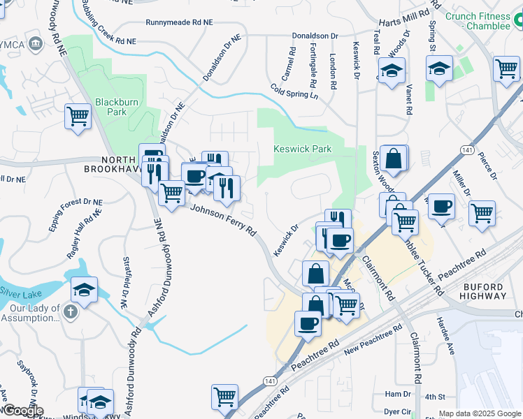 map of restaurants, bars, coffee shops, grocery stores, and more near 3424 Keswick Court in Chamblee