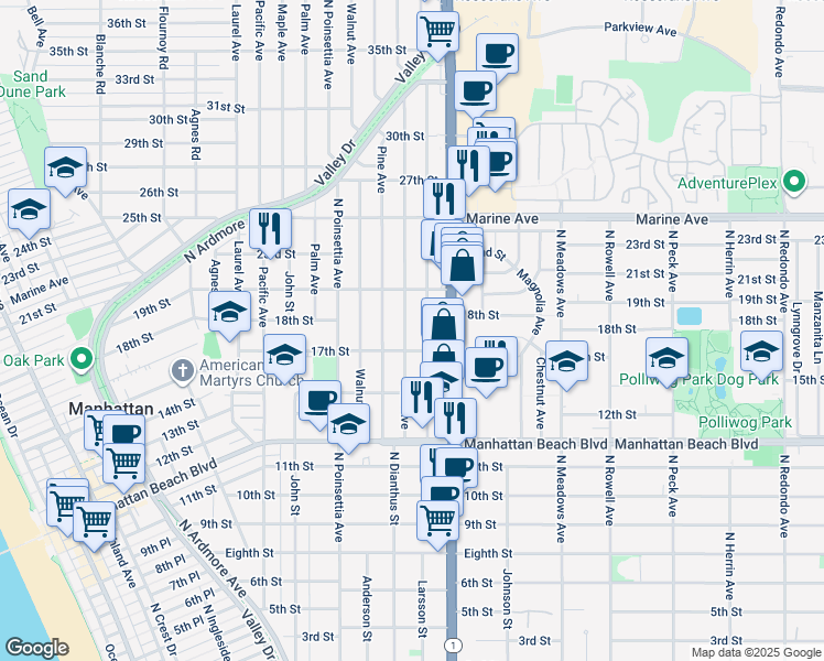 map of restaurants, bars, coffee shops, grocery stores, and more near 1720 Elm Avenue in Manhattan Beach