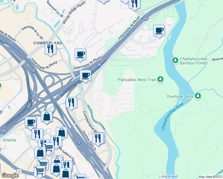 map of restaurants, bars, coffee shops, grocery stores, and more near 215 Akers Ridge Drive Southeast in Atlanta