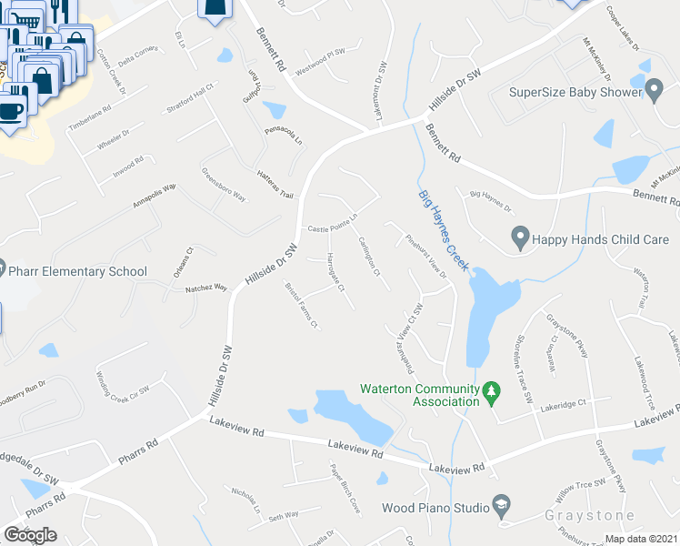 map of restaurants, bars, coffee shops, grocery stores, and more near 1724 Harrogate Court in Grayson