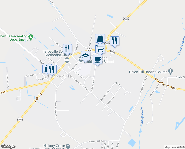 map of restaurants, bars, coffee shops, grocery stores, and more near 1254 Atkinson Street in Turbeville