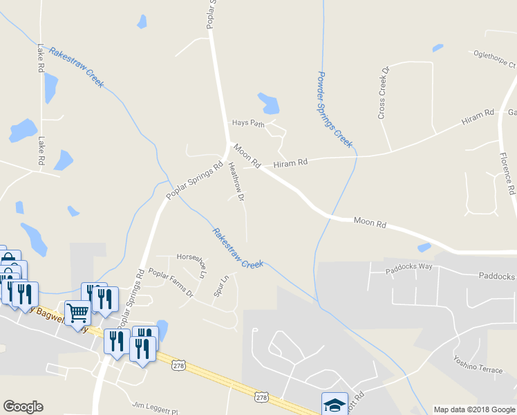 map of restaurants, bars, coffee shops, grocery stores, and more near 203 Heathrow Drive in Powder Springs