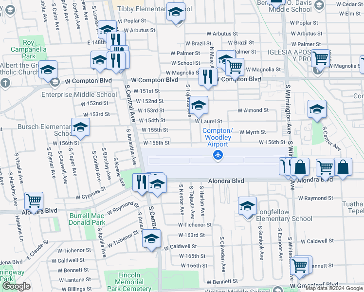 map of restaurants, bars, coffee shops, grocery stores, and more near 1500 West 156th Street in Compton