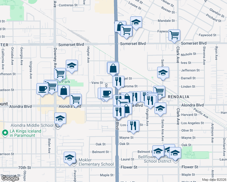 map of restaurants, bars, coffee shops, grocery stores, and more near 15717 Lakewood Blvd in Paramount
