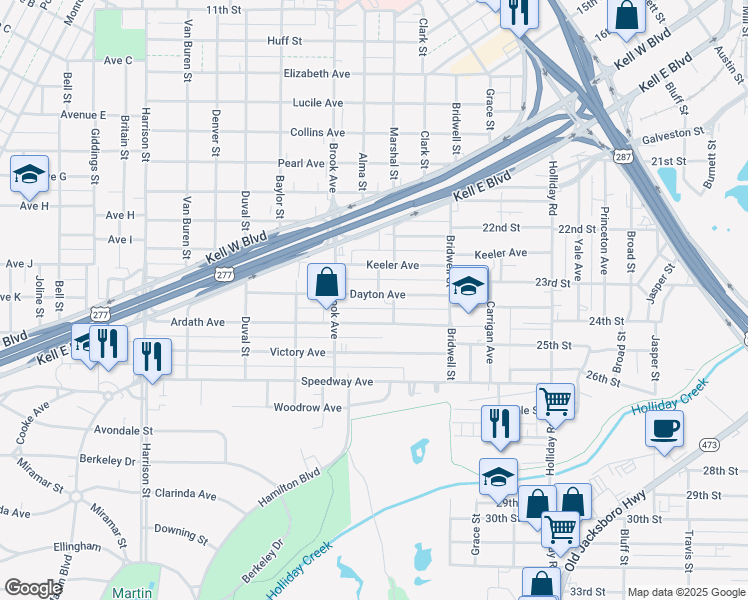 map of restaurants, bars, coffee shops, grocery stores, and more near 1661 Dayton Avenue in Wichita Falls
