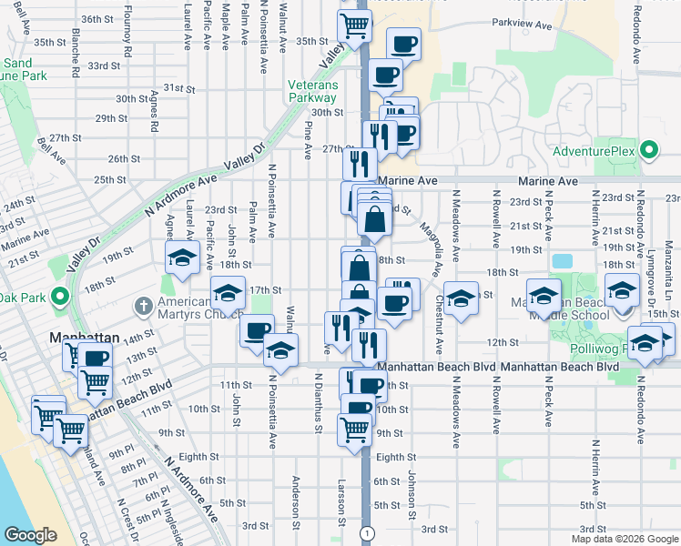 map of restaurants, bars, coffee shops, grocery stores, and more near 1721 Oak Avenue in Manhattan Beach