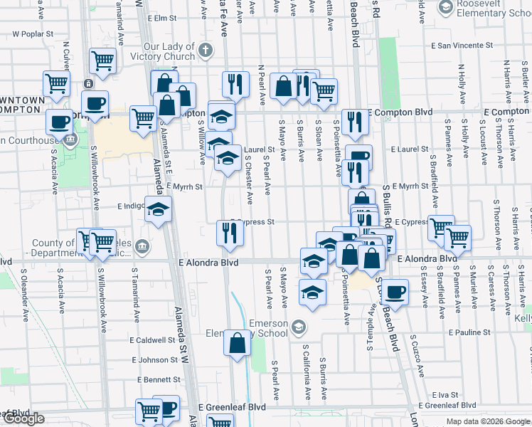 map of restaurants, bars, coffee shops, grocery stores, and more near 613 South Pearl Avenue in Compton