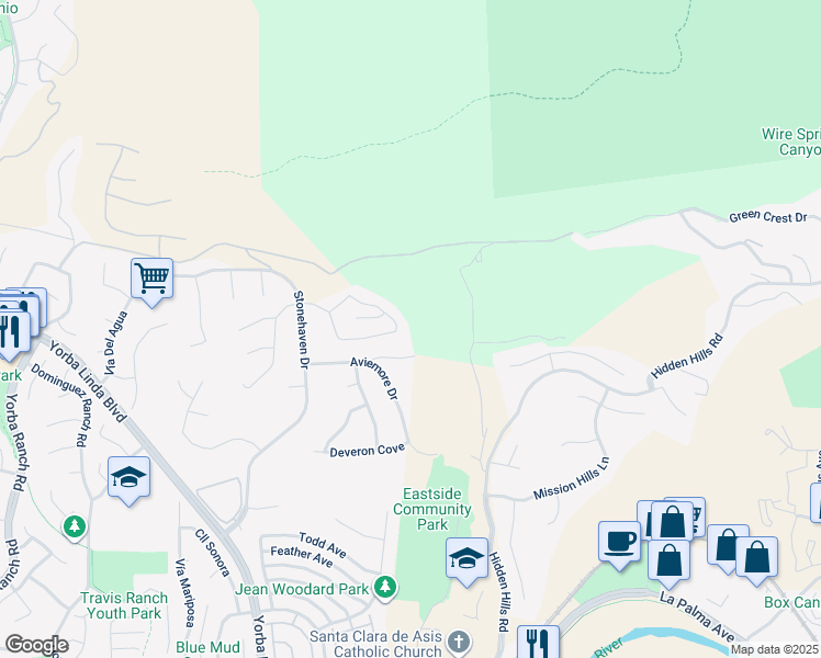 map of restaurants, bars, coffee shops, grocery stores, and more near 21925 Heatheridge Drive in Yorba Linda
