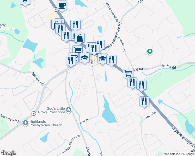 map of restaurants, bars, coffee shops, grocery stores, and more near 2198 Britt Street in Grayson