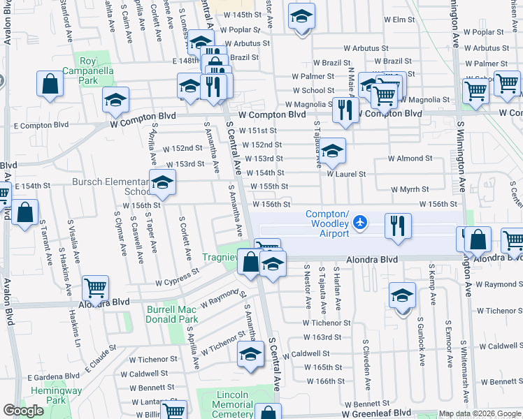 map of restaurants, bars, coffee shops, grocery stores, and more near 1902 West 156th Street in Compton