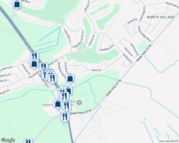 map of restaurants, bars, coffee shops, grocery stores, and more near 2344 Brick Drive in Longs