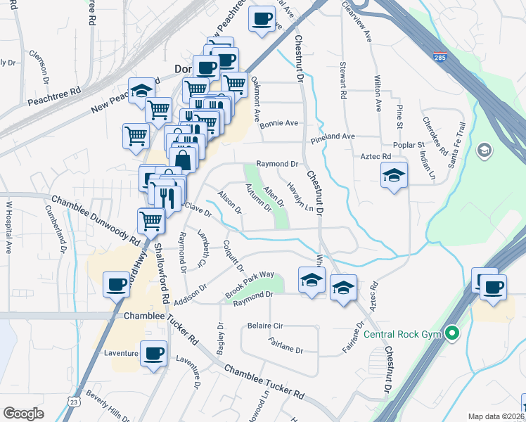 map of restaurants, bars, coffee shops, grocery stores, and more near 3422 Autumn Drive in Doraville