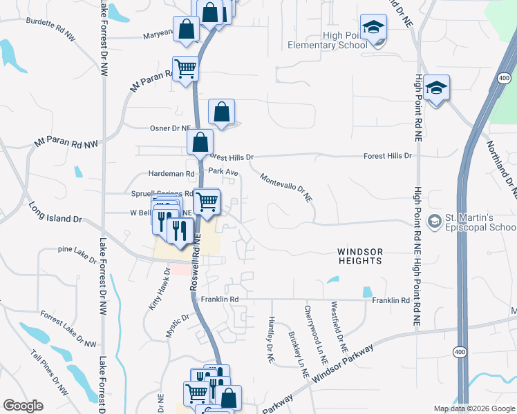 map of restaurants, bars, coffee shops, grocery stores, and more near 297 Forest valley court in Atlanta