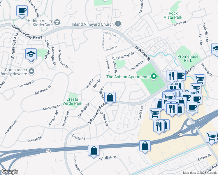 map of restaurants, bars, coffee shops, grocery stores, and more near 624 Linden Circle in Corona
