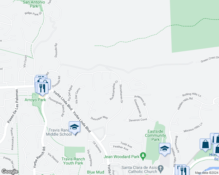 map of restaurants, bars, coffee shops, grocery stores, and more near 21740 Thistledown Circle in Yorba Linda