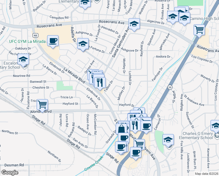 map of restaurants, bars, coffee shops, grocery stores, and more near 15346 Talbot Drive in La Mirada