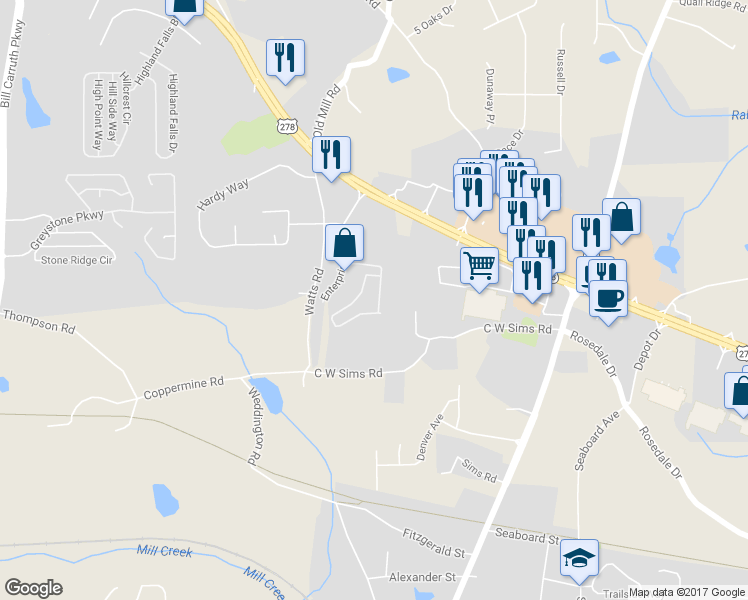 map of restaurants, bars, coffee shops, grocery stores, and more near 172 Venture Path in Hiram