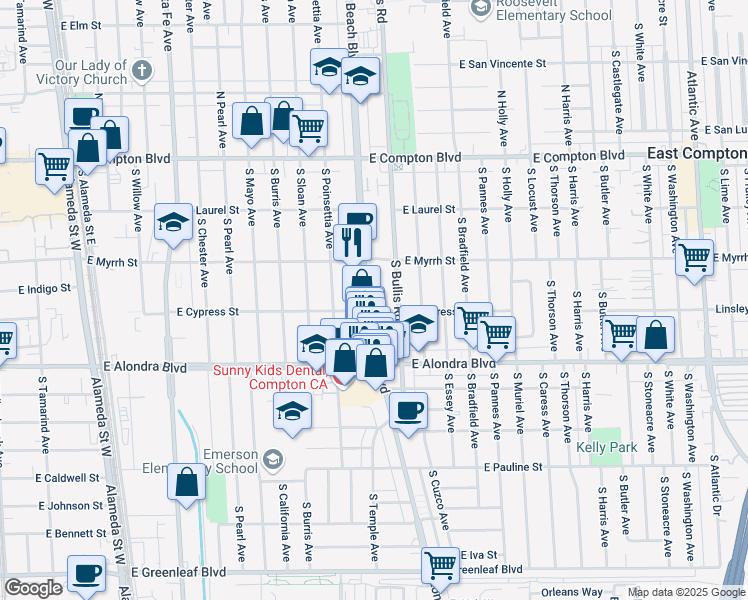 map of restaurants, bars, coffee shops, grocery stores, and more near 612 South Long Beach Boulevard in Compton