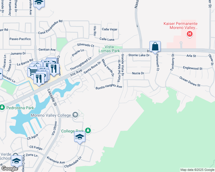 map of restaurants, bars, coffee shops, grocery stores, and more near 26610 Bonita Heights Avenue in Moreno Valley