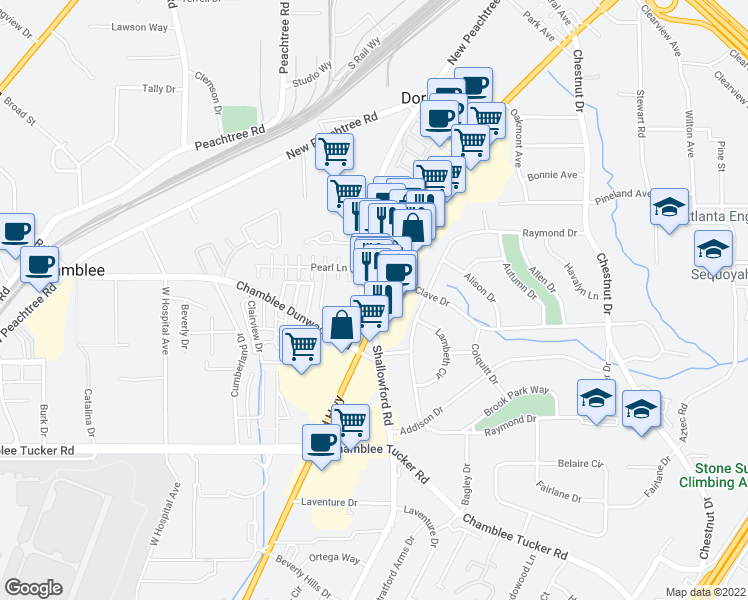 map of restaurants, bars, coffee shops, grocery stores, and more near 5095 Buford Highway Northeast in Doraville