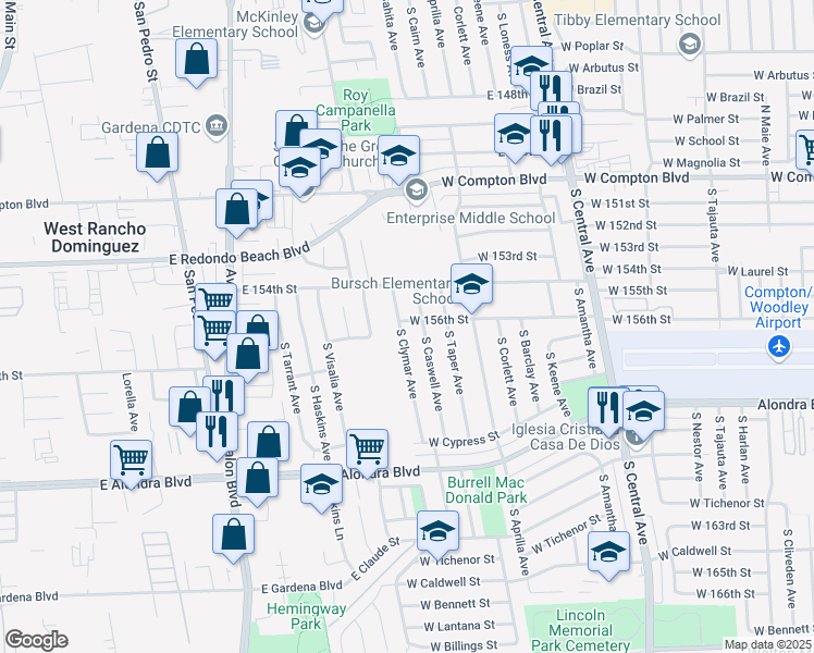 map of restaurants, bars, coffee shops, grocery stores, and more near 500 South Clymar Avenue in Compton