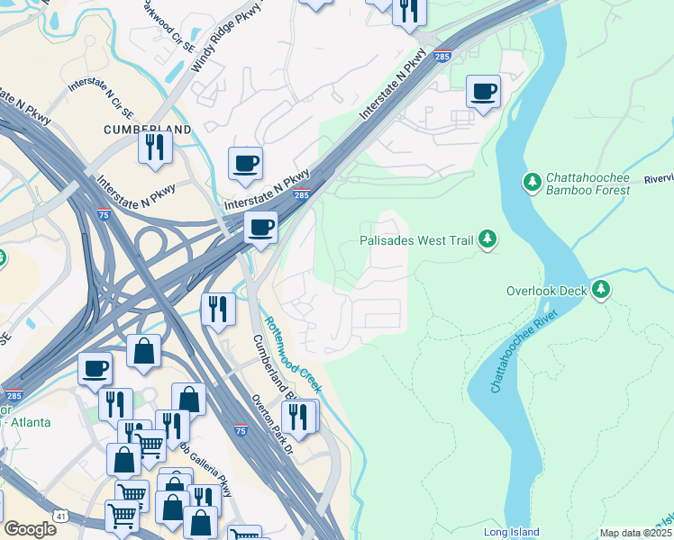 map of restaurants, bars, coffee shops, grocery stores, and more near 100 Akers Ridge Drive Southeast in Atlanta