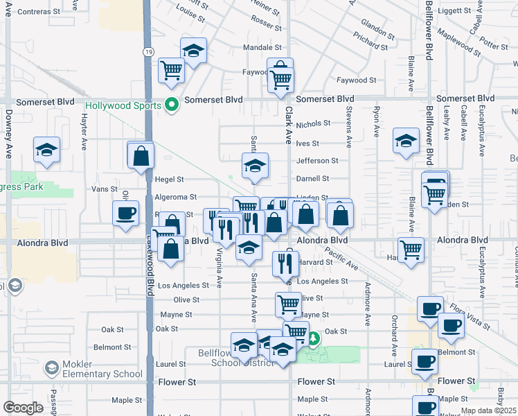 map of restaurants, bars, coffee shops, grocery stores, and more near 15706 Santa Ana Avenue in Bellflower