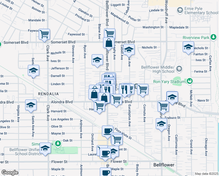 map of restaurants, bars, coffee shops, grocery stores, and more near 15720 Bellflower Boulevard in Bellflower