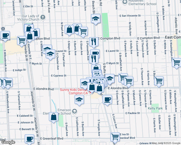 map of restaurants, bars, coffee shops, grocery stores, and more near 614 South Poinsettia Avenue in Compton