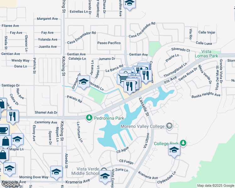 map of restaurants, bars, coffee shops, grocery stores, and more near 25870 Iris Avenue in Moreno Valley