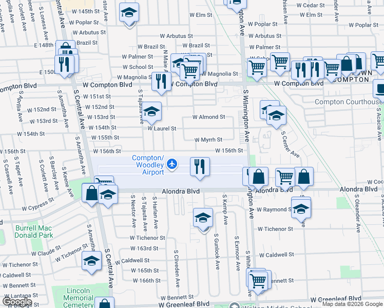 map of restaurants, bars, coffee shops, grocery stores, and more near 1006 West 156th Street in Compton