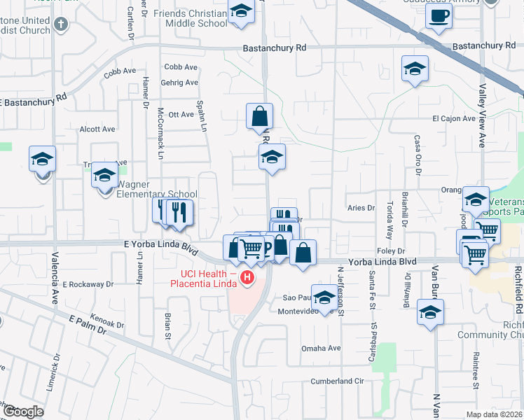 map of restaurants, bars, coffee shops, grocery stores, and more near 4801 Rose Drive in Yorba Linda