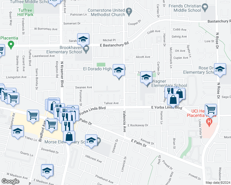 map of restaurants, bars, coffee shops, grocery stores, and more near 1532 Crowley Way in Placentia