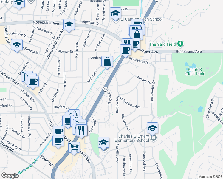 map of restaurants, bars, coffee shops, grocery stores, and more near 8232 Erskine Green in Buena Park