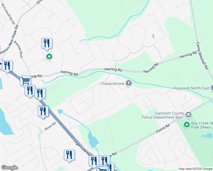 map of restaurants, bars, coffee shops, grocery stores, and more near 2481 Rice Mill Run in Grayson