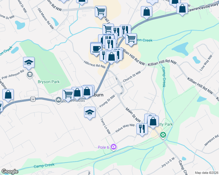 map of restaurants, bars, coffee shops, grocery stores, and more near 316 Main Street Northwest in Lilburn
