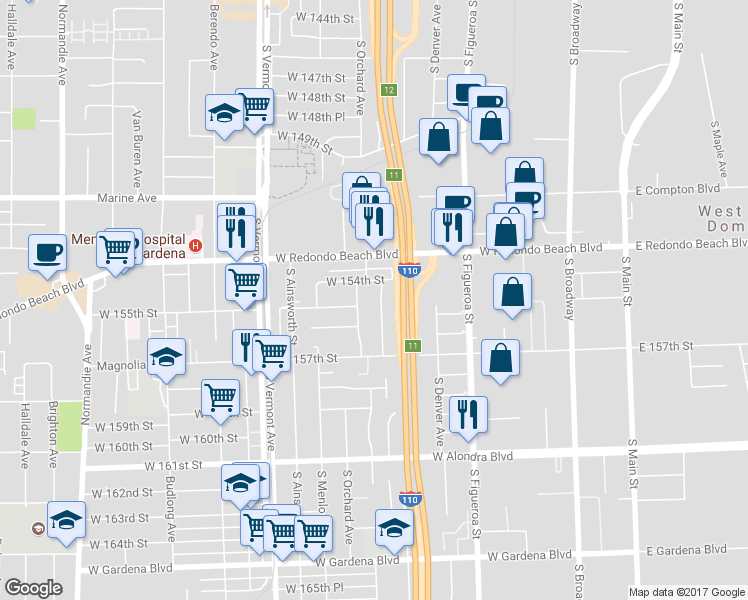map of restaurants, bars, coffee shops, grocery stores, and more near 15421 Bonsallo Avenue in Gardena