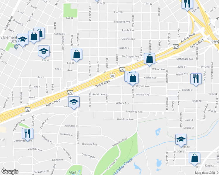 map of restaurants, bars, coffee shops, grocery stores, and more near 1819 Dayton Avenue in Wichita Falls